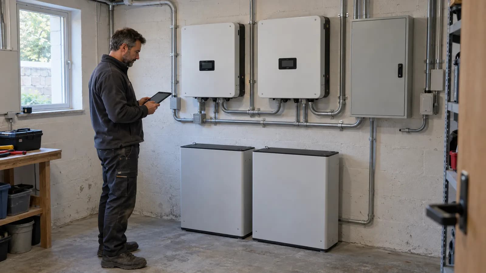 Illustrative editorial photograph of two matching closed hybrid inverters and battery cabinets in a modest utility room while a technician checks the system from a tablet.