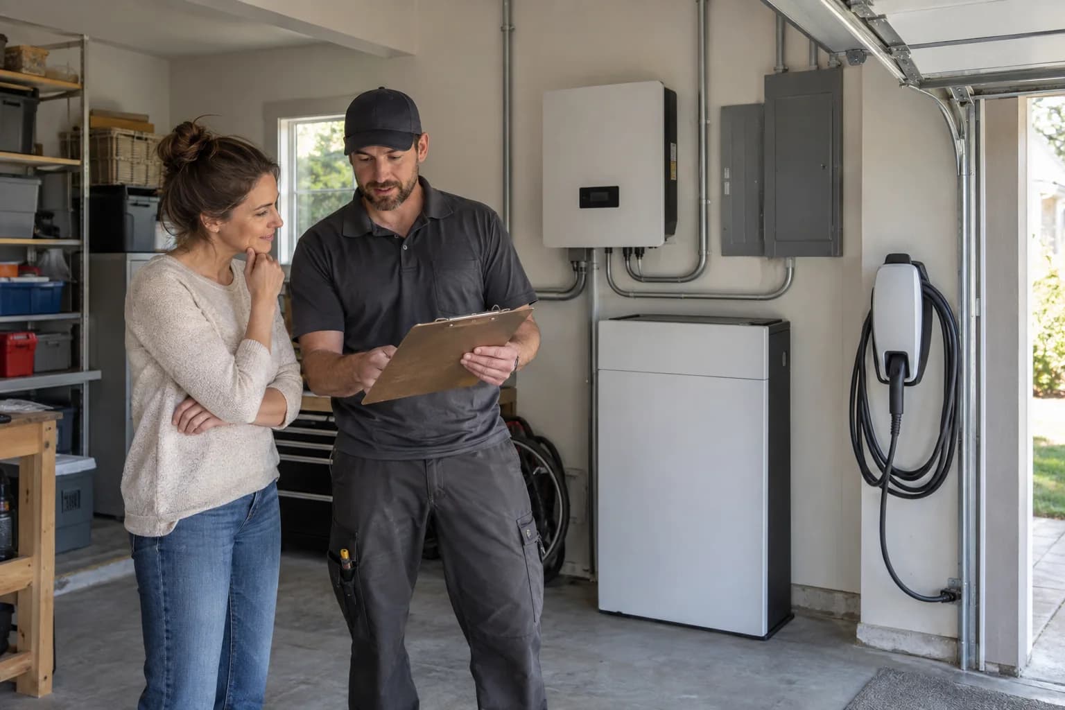 Illustrative editorial photograph of a homeowner reviewing solar, battery and EV charging needs with a technician