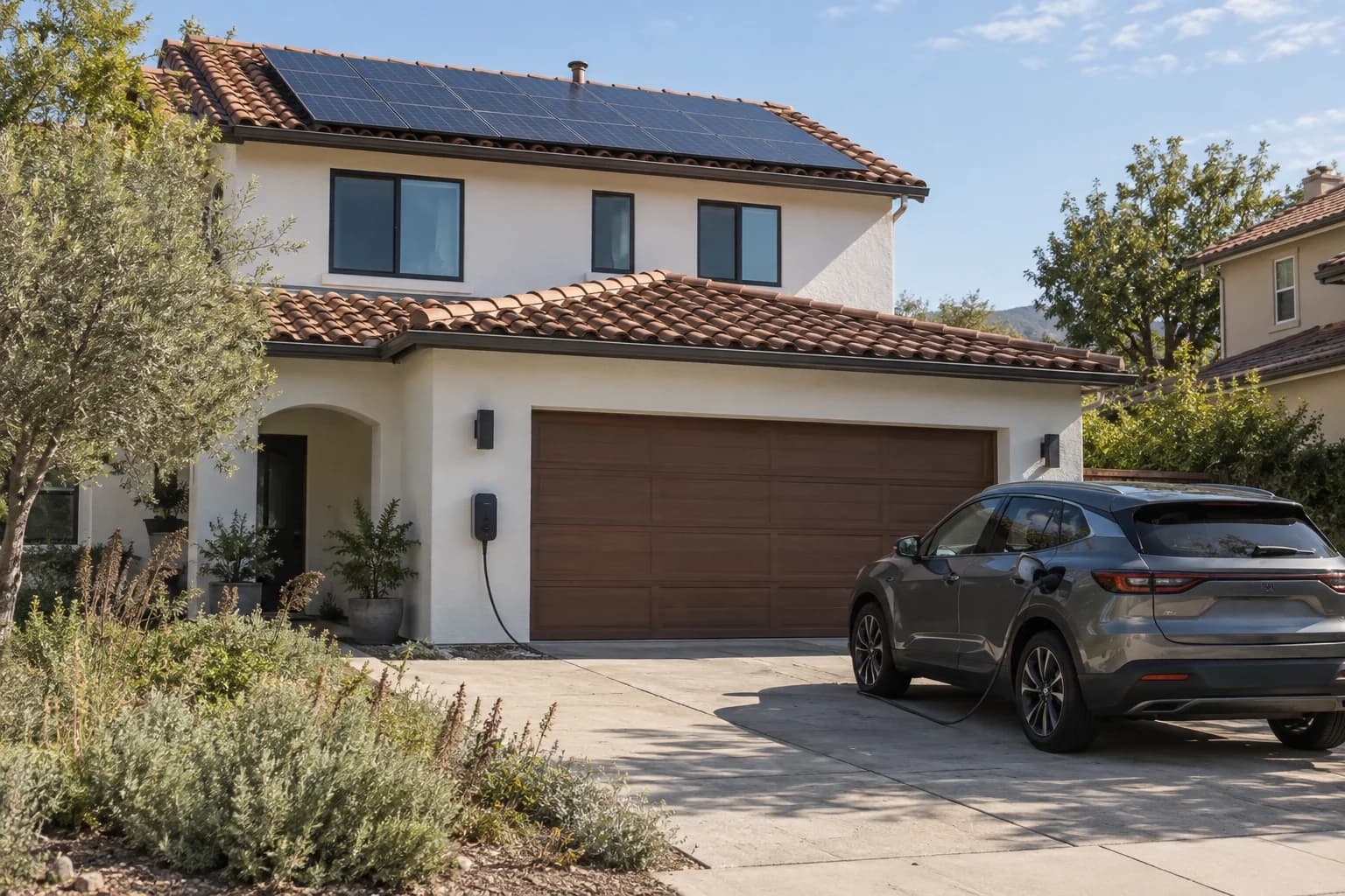 Illustrative editorial photograph of a villa with rooftop solar panels and an electric car connected to a home charger