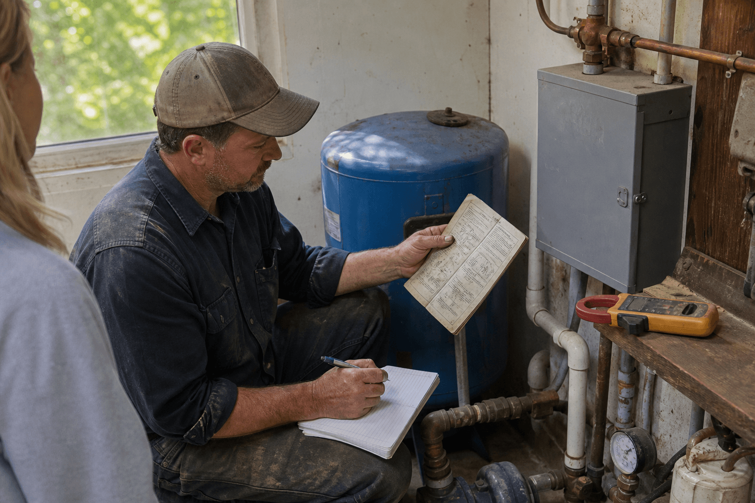 Illustrative editorial photograph of a technician checking well-pump records beside a closed control box and pressure tank; it is not a Rongkai customer project.