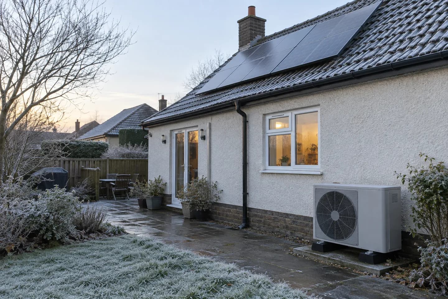 Frosted home with rooftop solar panels and an air-source heat pump